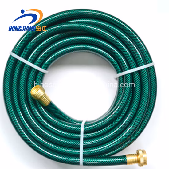 Manguera de tubería de agua de jardín flexible reforzada trenzada con fibra de PVC con conector de latón